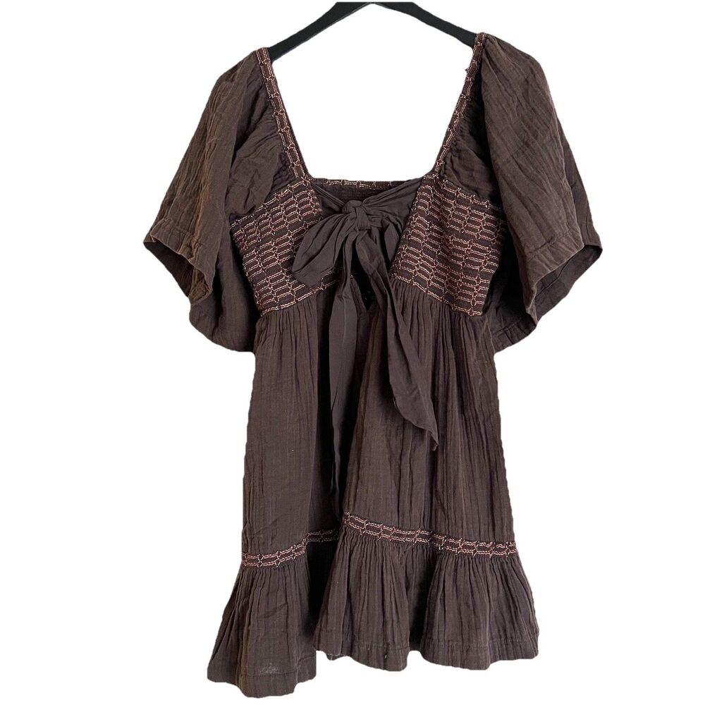 Free People Easy to Love Mini Dress Smocked Cute Romantic Babydoll S Brown